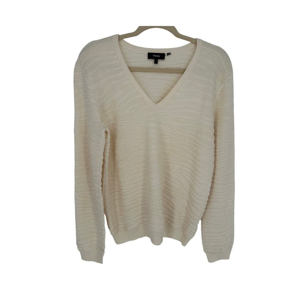 Theory Zebra Plush Bering V Neck Sweater Womens L White Ivory Wool Knit Designer